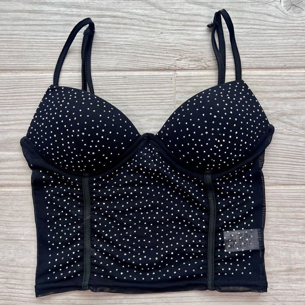 Top Chic Women's‎ Black Spaghetti Strap Rhinestone Embellished Bustier Top Small
